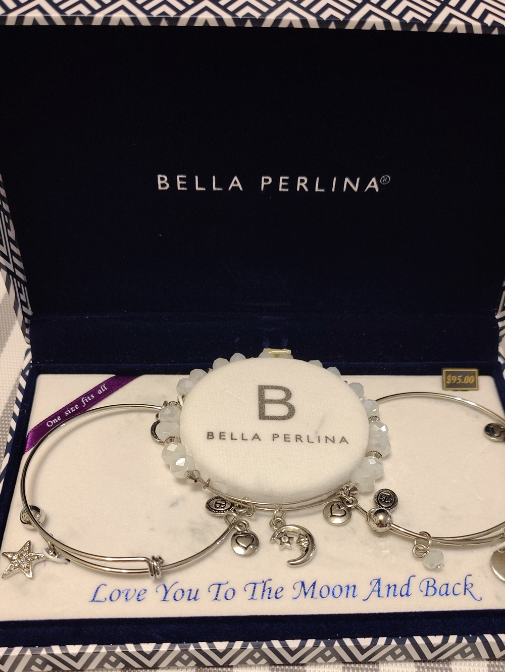 Bella Perlina Silver Moon & Star Charm Bangle Set - White Beads